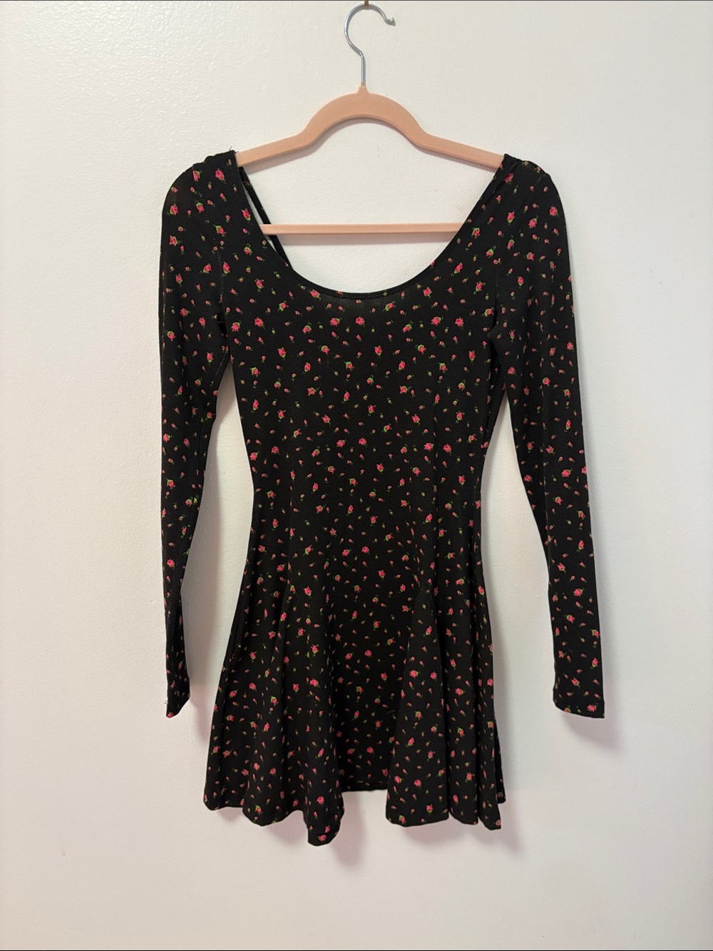 Vintage Betsey Johnson Black Floral Long-Sleeve Fit & Flare Dress